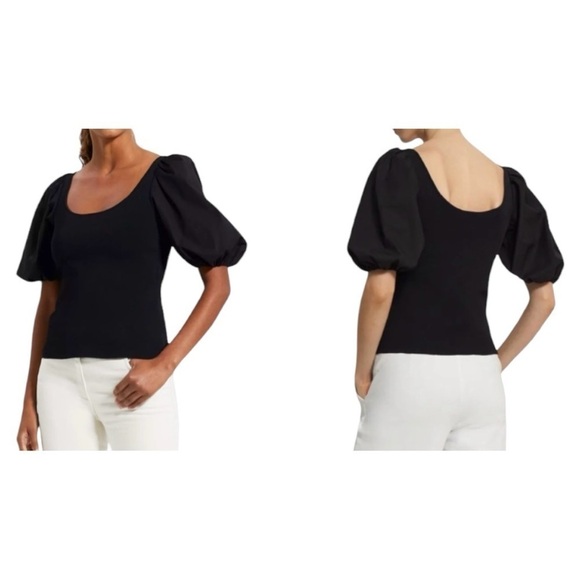 THEORY GLOSSE PUFF SHORT SLEEVE TOP RIBBED STRETCH KNIT SCOOP NECK Size Small - Picture 8 of 11
